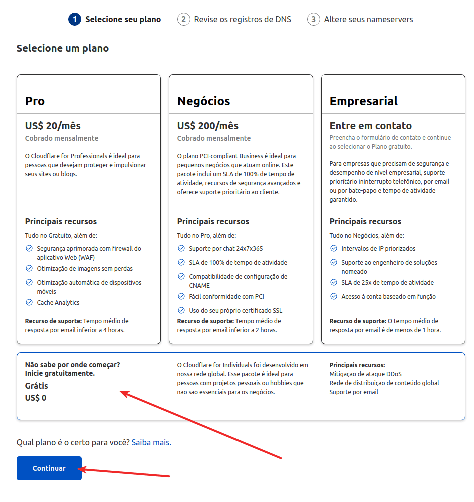 Selecionar o plano do CloudFlare