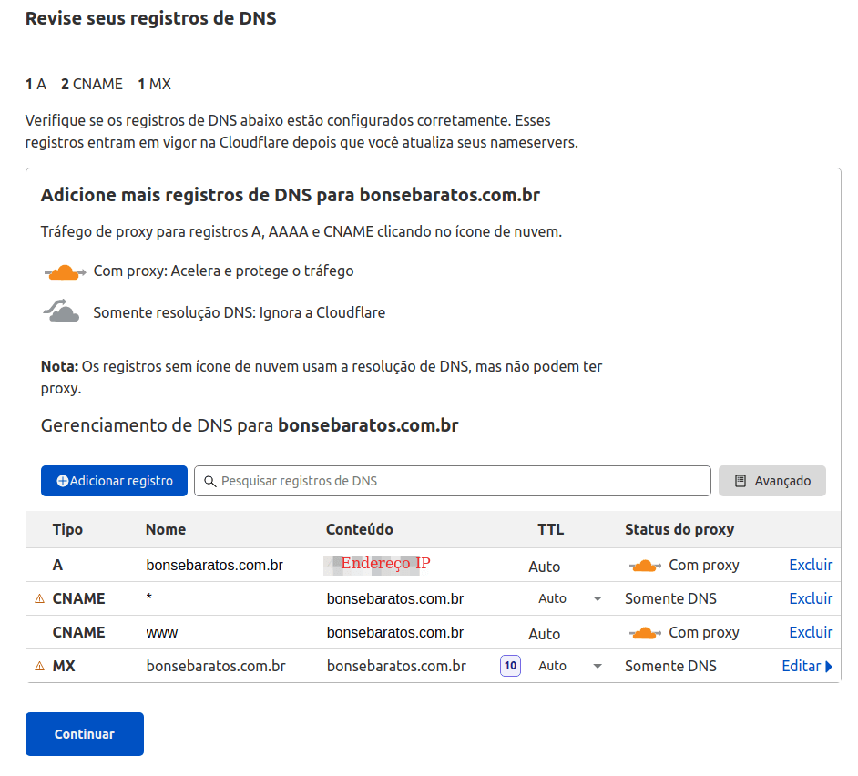 Registros de DNS adicionados automaticamente