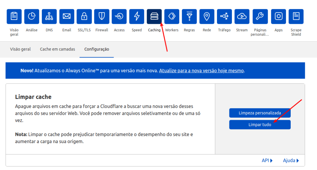 Limpeza de cache completa do CloudFlare